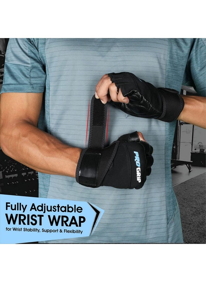 Nivia Pro Grip Genuine Leather Gloves,Gym Gloves for Men and Women Weightlifting Gloves,Stretch Fabric with Neoprene Strap, 1/2 Finger Durable Wight Lifting Gloves - Black(Large)