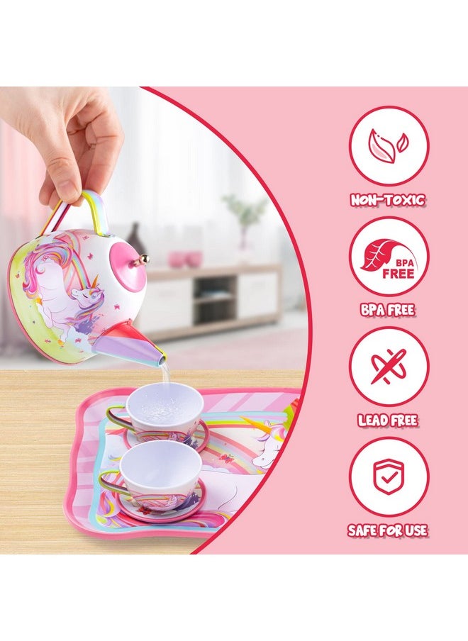 JOYIN Unicorn Tea Set for Toddlers Tea Party Set for Children Kids Pretend Role Play Tin Teapot Set with Cups, Plates and Carrying Case Kitchen Toy for Little Girls Birthday Gifts Age 3 4 5 6