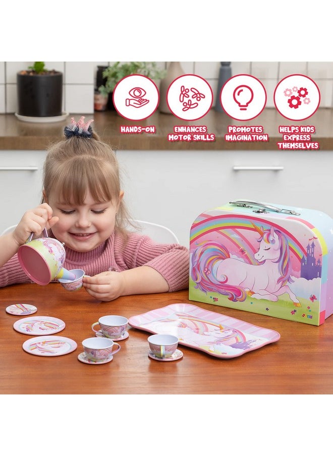 JOYIN Unicorn Tea Set for Toddlers Tea Party Set for Children Kids Pretend Role Play Tin Teapot Set with Cups, Plates and Carrying Case Kitchen Toy for Little Girls Birthday Gifts Age 3 4 5 6