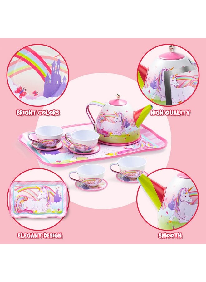 JOYIN Unicorn Tea Set for Toddlers Tea Party Set for Children Kids Pretend Role Play Tin Teapot Set with Cups, Plates and Carrying Case Kitchen Toy for Little Girls Birthday Gifts Age 3 4 5 6