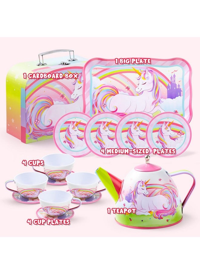 JOYIN Unicorn Tea Set for Toddlers Tea Party Set for Children Kids Pretend Role Play Tin Teapot Set with Cups, Plates and Carrying Case Kitchen Toy for Little Girls Birthday Gifts Age 3 4 5 6