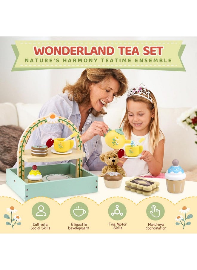 Wooden Tea Sets for Little Girls 1-3 Play Food Cake Toys Toddlers 3-5 Kitchen Accessories Pretend Play Princess Playset for 2 3 4 5 6 Year Old Girl Boy Party Birthday Gift