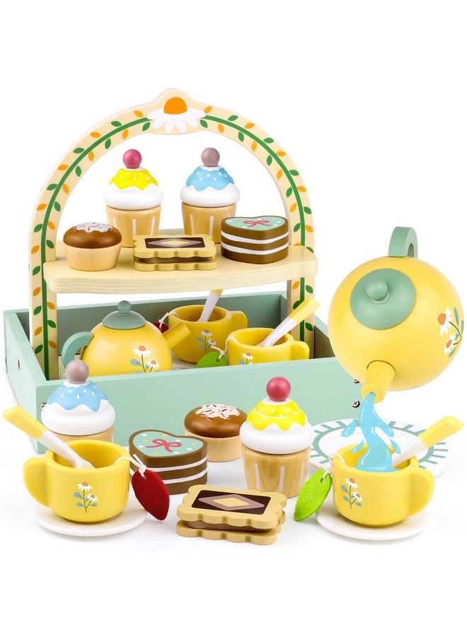 Wooden Tea Sets for Little Girls 1-3 Play Food Cake Toys Toddlers 3-5 Kitchen Accessories Pretend Play Princess Playset for 2 3 4 5 6 Year Old Girl Boy Party Birthday Gift