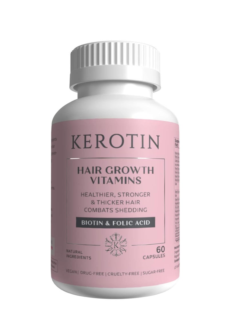 Hair Growth Vitamins for Natural Longer, Stronger, Healthier Hair - Enriched with Biotin, Vitamin B, Folic Acid - Promotes Long, Frizz-Free, Rich Hair for All Hair Types - 60 Capsules