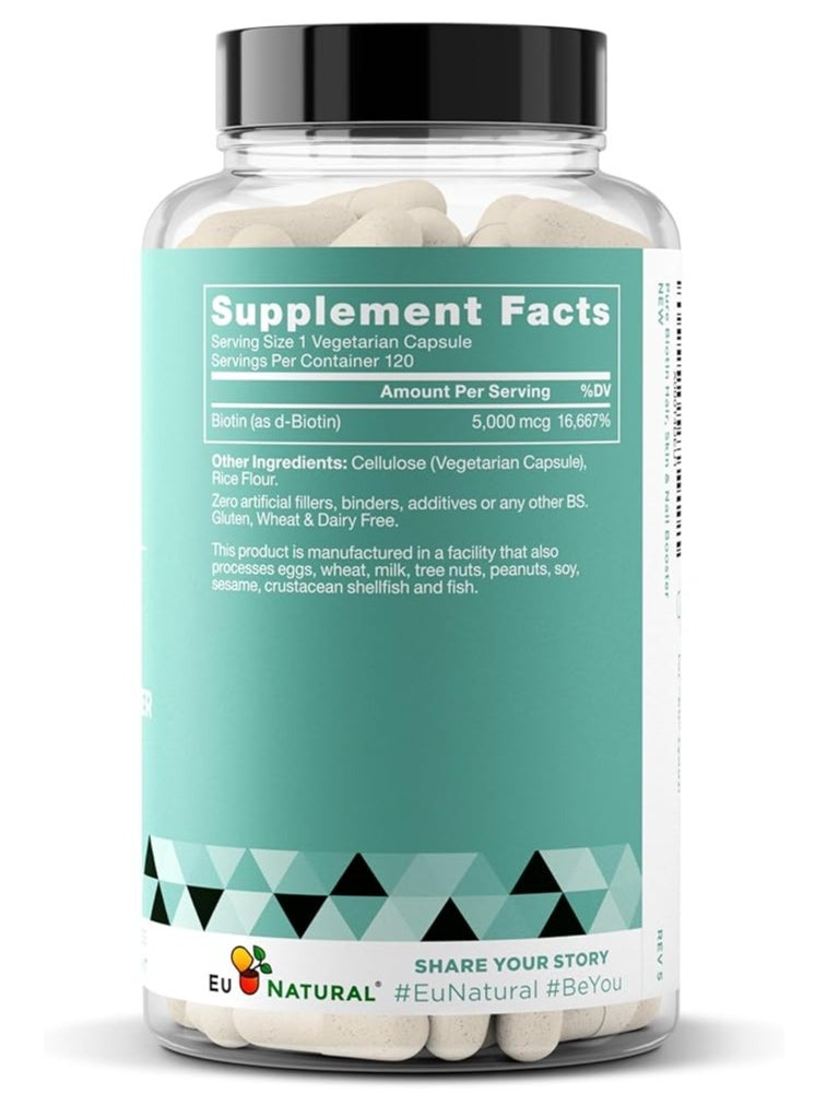 Biotin 5000mcg -Healthier Hair Growth,Stronger Nails,Glowing Skin-120 Vegetarian Soft Capsules