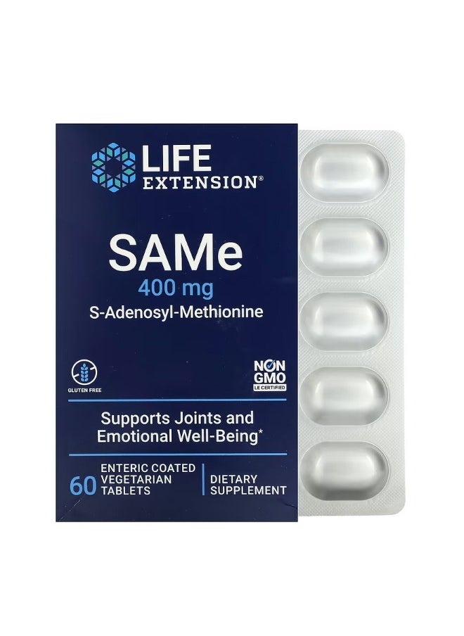 SAMe S Adenosyl Methionine 400 mg 60 Enteric Coated  Vegetarian Tablets