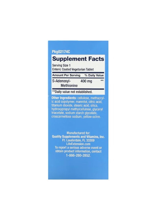 SAMe S Adenosyl Methionine 400 mg 60 Enteric Coated  Vegetarian Tablets