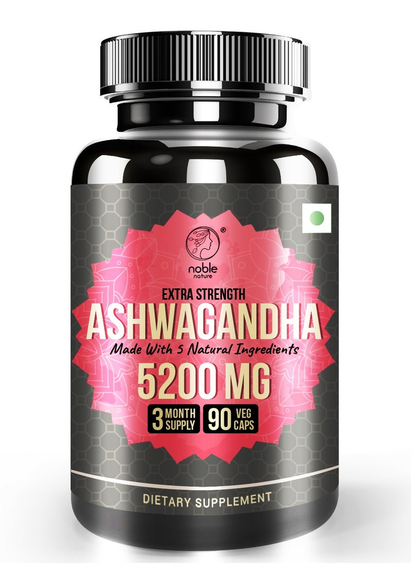 Ashwagandha Extra Strength, Made with 5 Natural Ingredients, 5200mg, 90 Veg Capsules for 3 Month Supply - Combined with Turmeric, Ginger, Black Pepper and Rhodiola