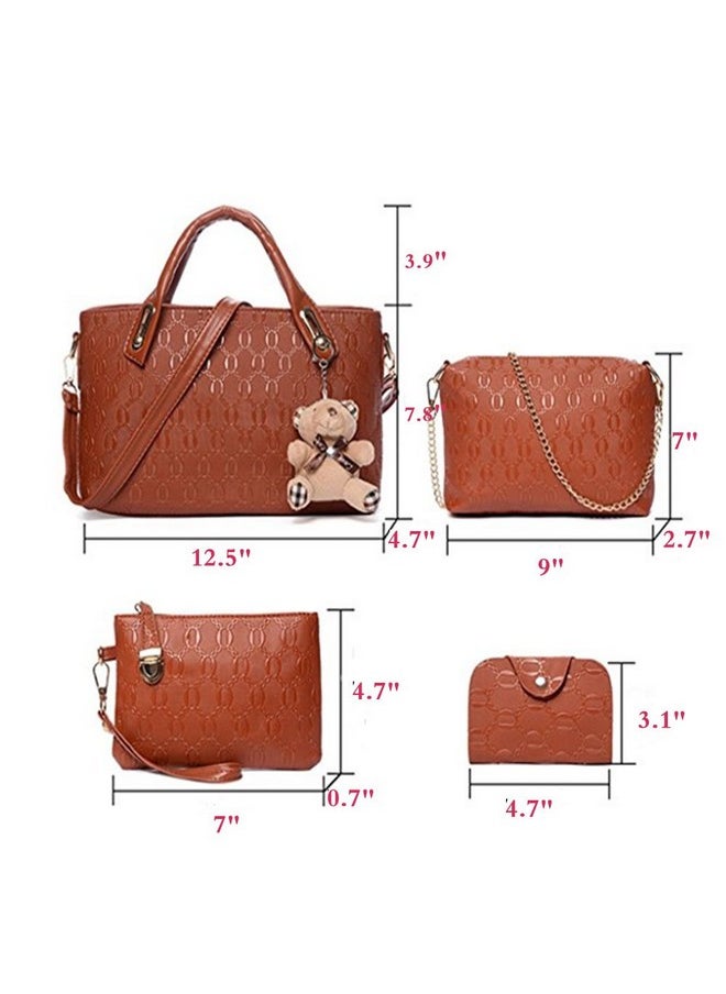 Women 4 Pcs Top Handle Satchel Hobo Handbag Set Large Tote +Purse +Shoulder Bag+Card Holder Brown