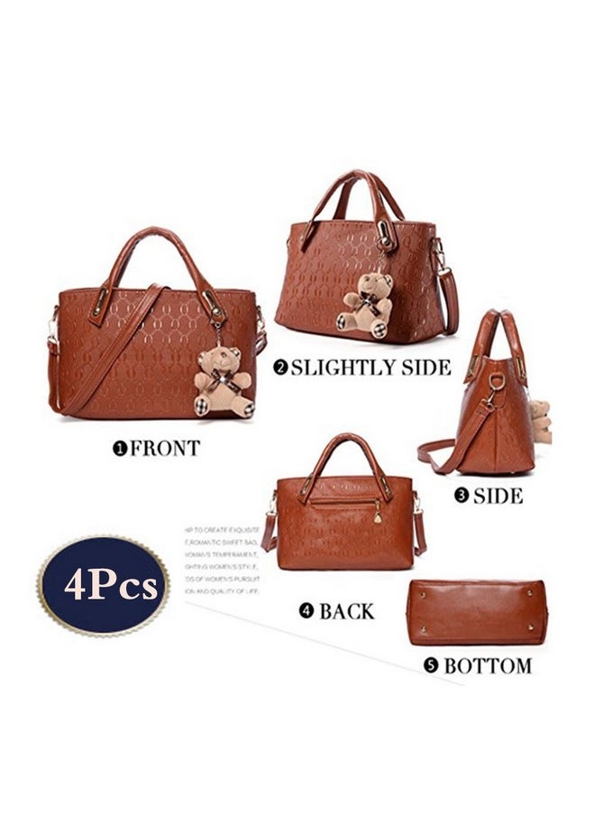 Women 4 Pcs Top Handle Satchel Hobo Handbag Set Large Tote +Purse +Shoulder Bag+Card Holder Brown