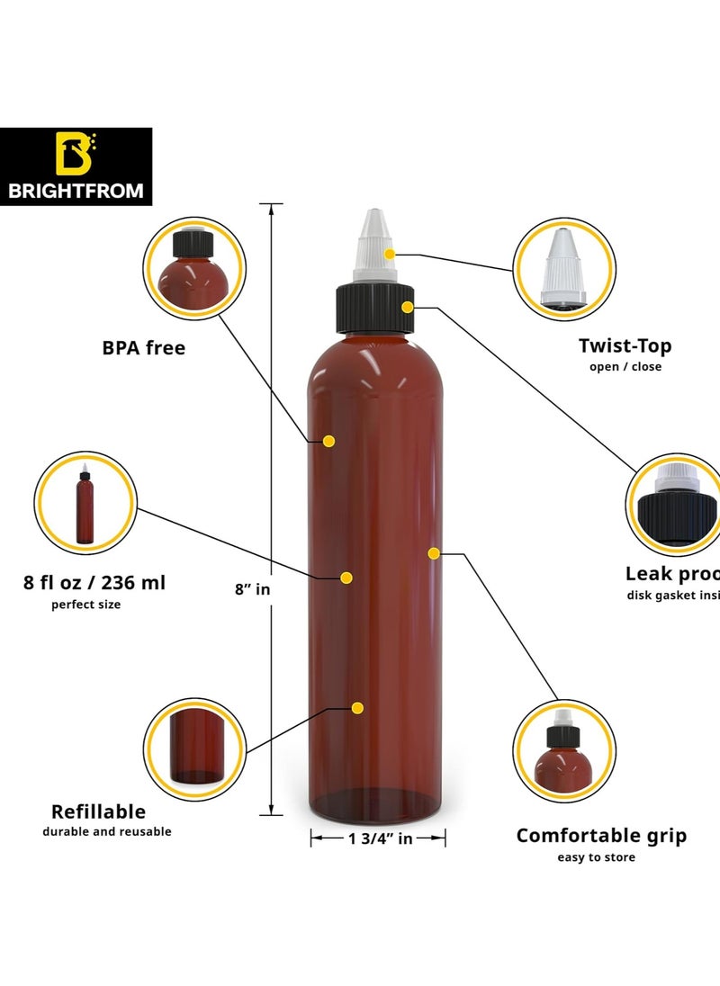 BRIGHTFROM Twist Top Applicator Bottles, 8 OZ, Squeeze Empty Plastic Bottles, Black Nozzle, BPA-Free, PET, Refillable, Open/Close Nozzle - Multi Purpose (Amber)