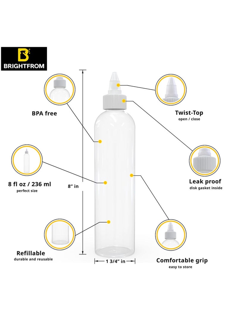 BRIGHTFROM Twist Top Applicator Bottles, 8 OZ Crystal Clear, Squeeze Empty Plastic Bottles, BPA-Free, PET, Refillable, Open/Close Nozzle - Multi Purpose (Pack of 3)