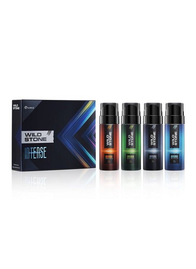 Intense No Gas Spray Deodorant Travel Pack Gift Set For Men With Black, Ocean, Trance And Woods Mini Deodorants For Men, Pack Of 4 (40Ml Each)|Gift For Men|