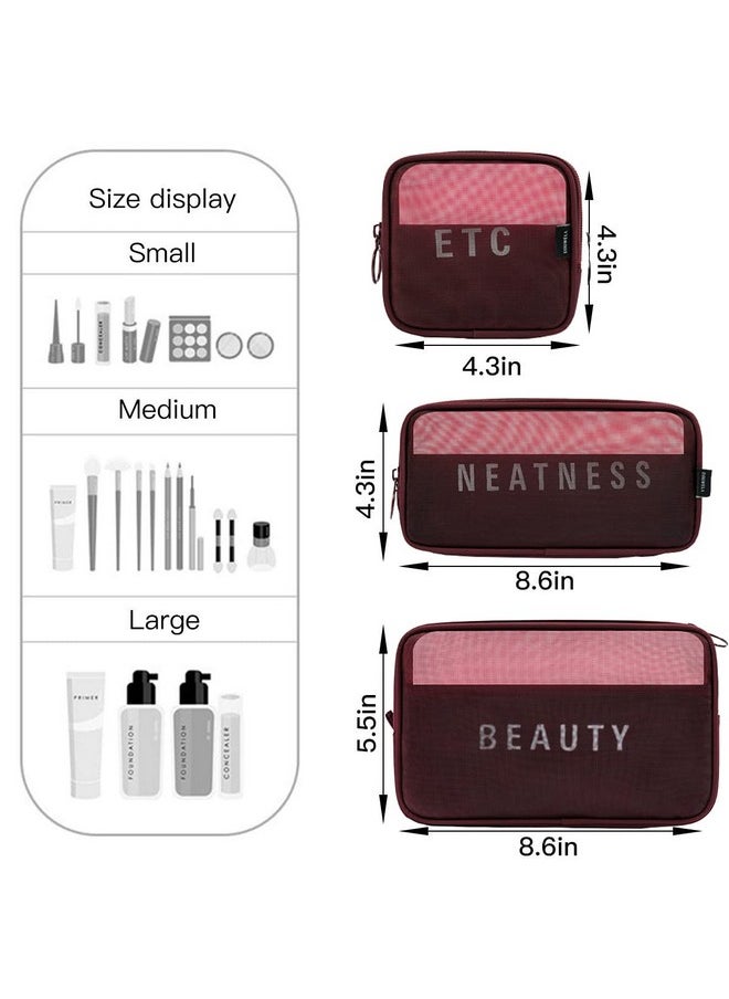 HOUSE OF QUIRK Travel Mesh Makeup Bags Set 3 Pieces See Through Zipper Pouch Travel Cosmetic And Toiletry Kit Organizer Bag 3 Pack Of S M L (Wine)