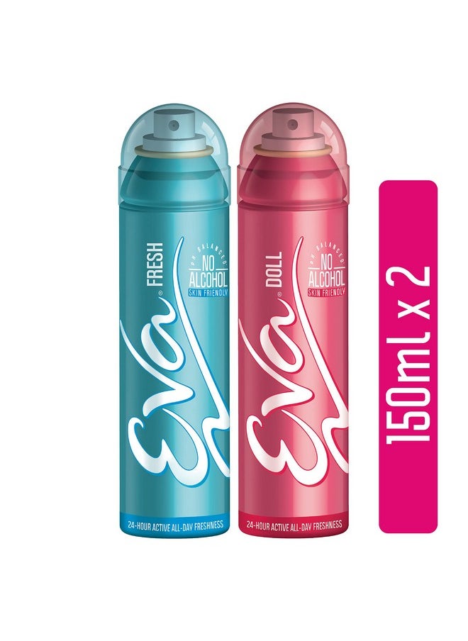 Eva Deodorant Spray Fresh and Doll for Women, 150ml each (Pack of 2)