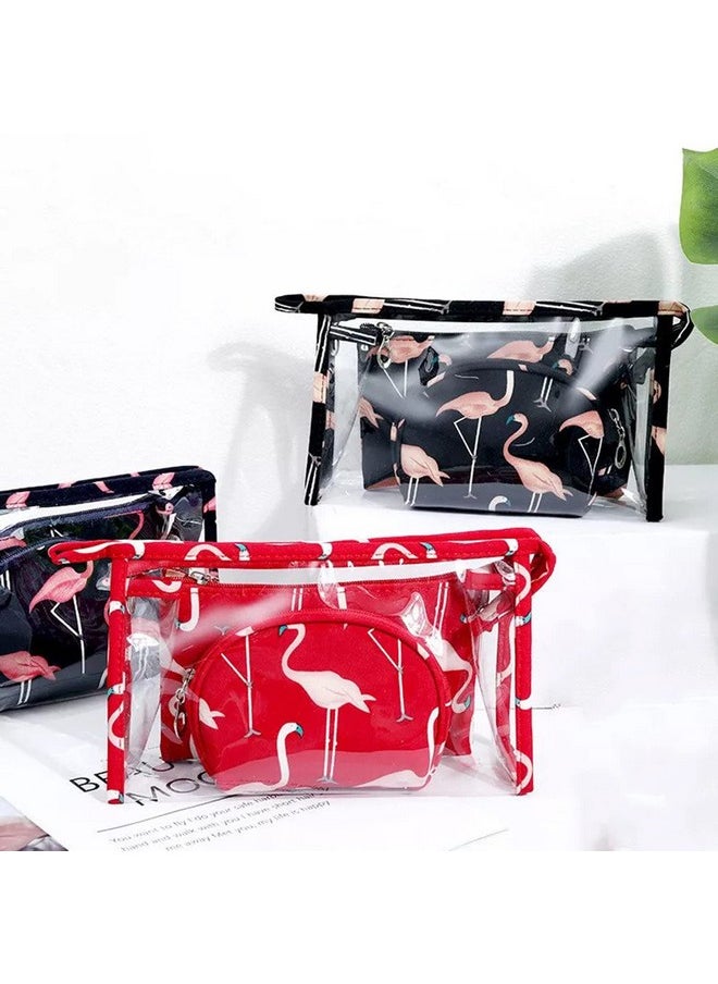 HOUSE OF QUIRK Flamingo Makeup Bag Set For Women Portable 3 Different Sizes Toiletry Bag For Travel Daily Use For Women Girl (Flamingo Black, Set Of 3)