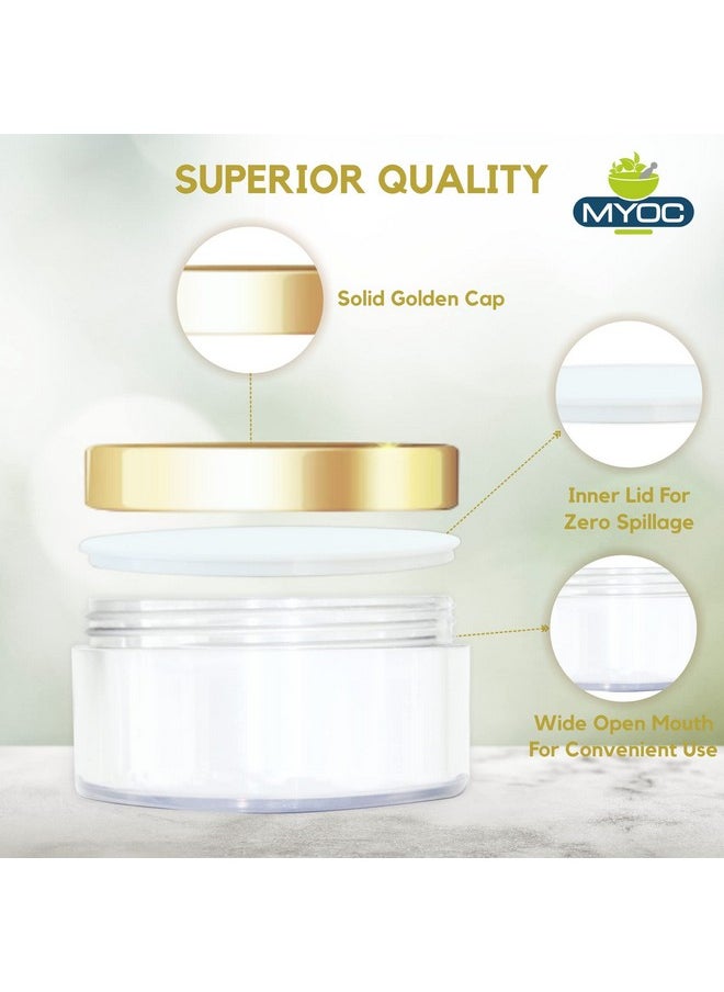 MYOC Cosmetic Grade White Empty Plastic Storage Jar with Golden Top Lid Portable Refillable & Reusable Cosmetic Screw Cap Container for Face Cream Lip Balm with Inner Lid Zero Spillage 50gm Pack of 3