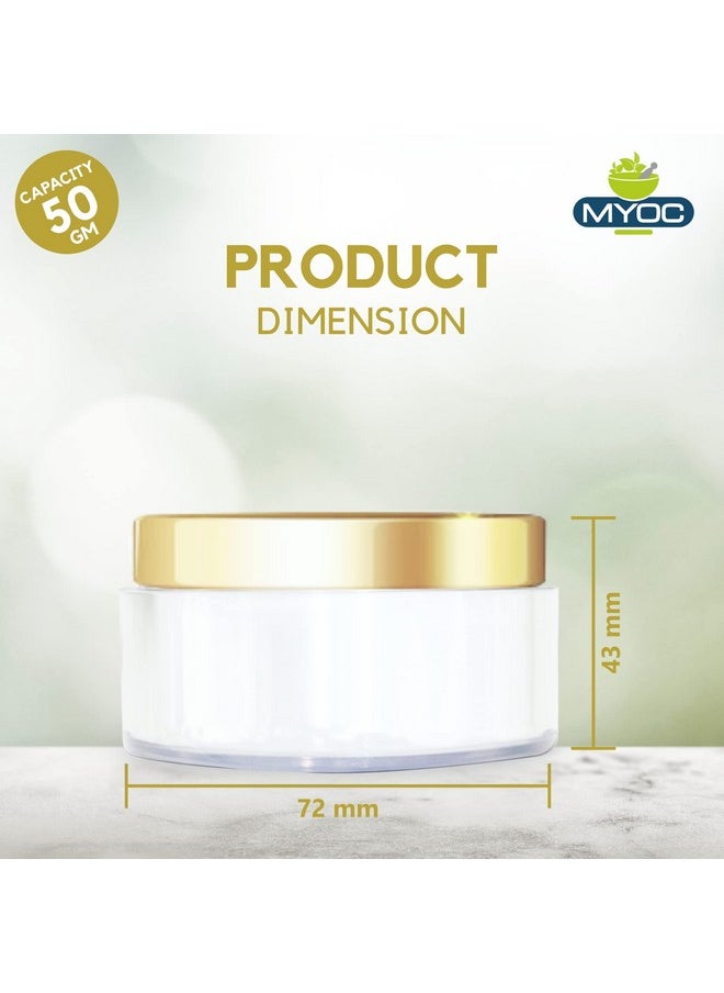 MYOC Cosmetic Grade White Empty Plastic Storage Jar with Golden Top Lid Portable Refillable & Reusable Cosmetic Screw Cap Container for Face Cream Lip Balm with Inner Lid Zero Spillage 50gm Pack of 3