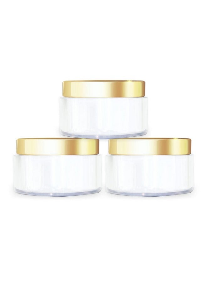 MYOC Cosmetic Grade White Empty Plastic Storage Jar with Golden Top Lid Portable Refillable & Reusable Cosmetic Screw Cap Container for Face Cream Lip Balm with Inner Lid Zero Spillage 50gm Pack of 3