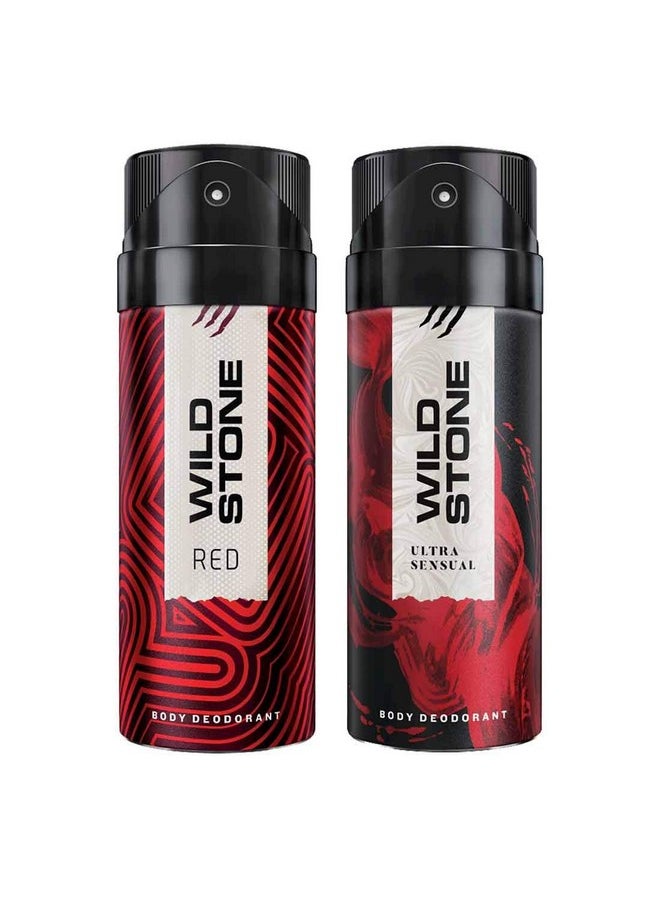 Wild Stone Ultra Sensual and Red Long Lasting Deodorants Body Spray for Men, Pack of 2 (150ml each)