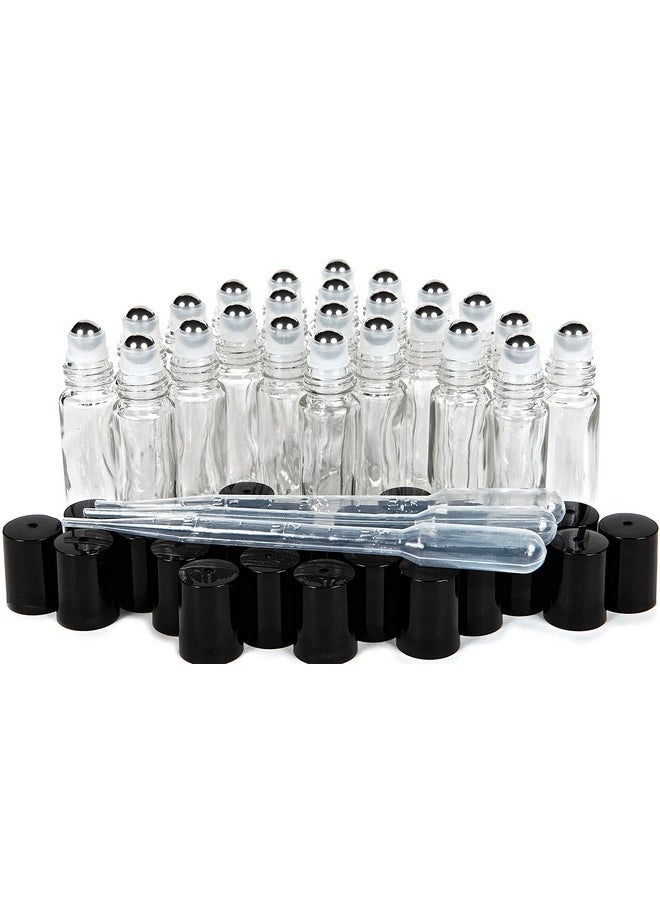 Vivaplex, 24, Clear, 10 ml Glass Roll-on Bottles with Stainless Steel Roller Balls. 3-3 ml Droppers included