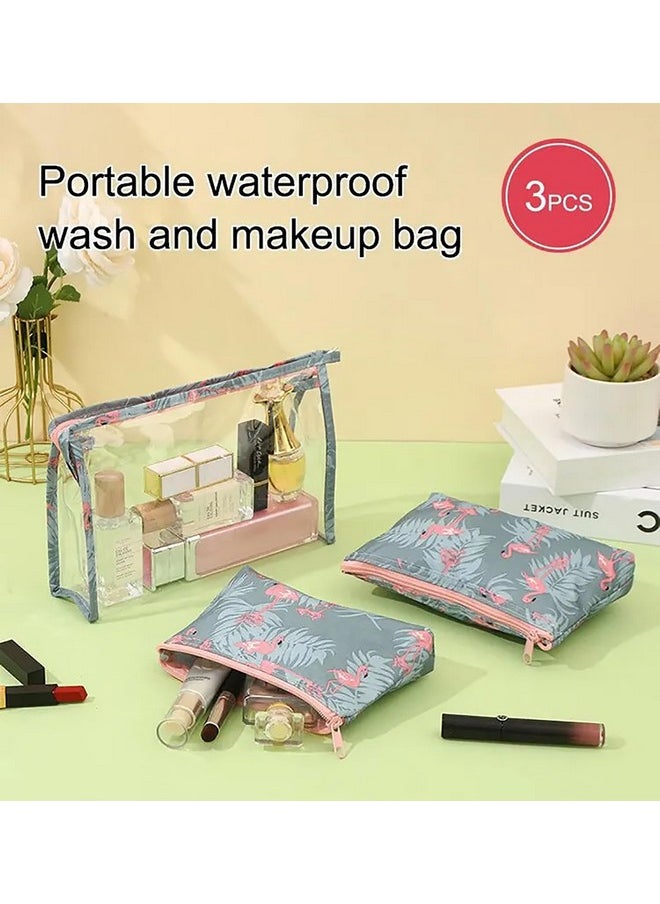 House of Quirk Flamingo Makeup Bag Set For Women Portable 3 Different Sizes Toiletry Kit Bag For Travel Daily Use For Women Girl (Flamingo Grey, Set Of 3)