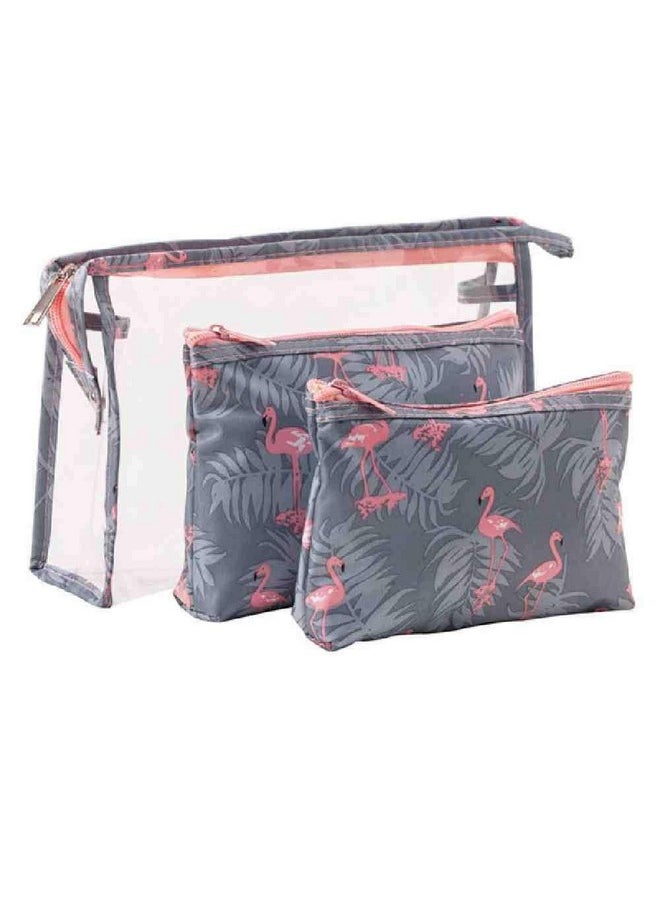 House of Quirk Flamingo Makeup Bag Set For Women Portable 3 Different Sizes Toiletry Kit Bag For Travel Daily Use For Women Girl (Flamingo Grey, Set Of 3)