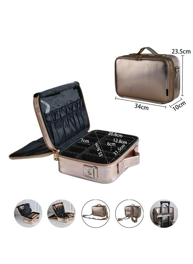 House of Quirk 3 Layers Large Capacity Travel Professional Makeup Box Train Case With Adjustable Compartment Shoulder Strap (Rose Gold)