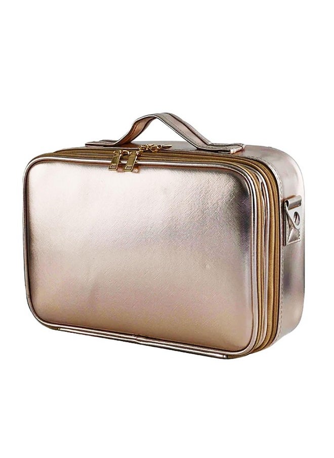 House of Quirk 3 Layers Large Capacity Travel Professional Makeup Box Train Case With Adjustable Compartment Shoulder Strap (Rose Gold)