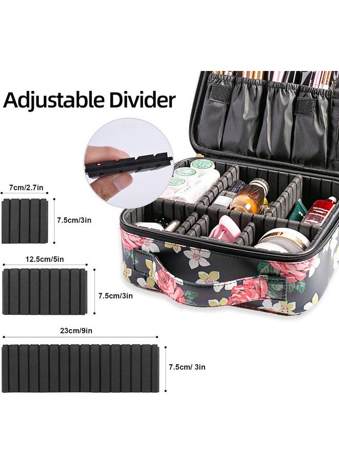 House of Quirk Makeup Cosmetic Storage Case with Adjustable Compartment - Black Flower