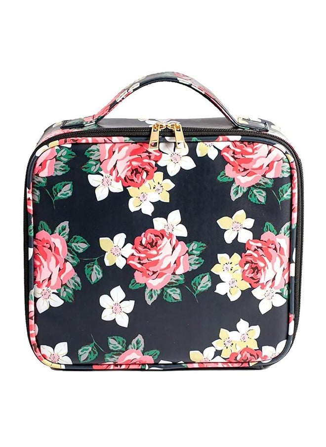 House of Quirk Makeup Cosmetic Storage Case with Adjustable Compartment - Black Flower