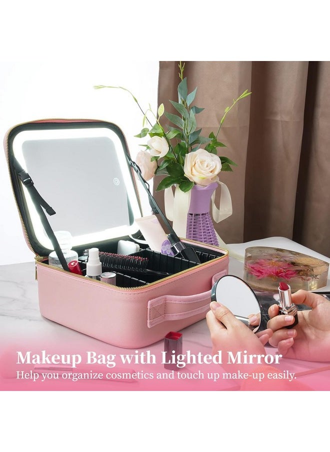 House of Quirk Makeup Bag with Lighted Mirror, Travel Makeup Train Case with 3-Color Setting & Adjustable Dividers, Waterproof Portable Cosmetic Bag (Pink)