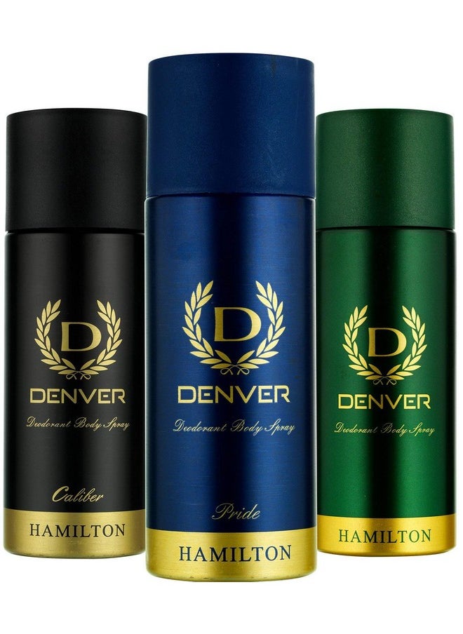 DENVER Hamilton Deo (165ML) + Caliber Deo (165ML) + Pride Deo(165ML) - Combo Pack of 3 | Long Lasting Body Deodorant Spray for Men