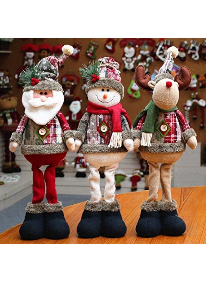 Christmas Santa Claus Snowman Reindeer Plush Toy Doll, Handmade Long Legs Christmas Figurine, Telescopic Length Standing Santa Claus Doll for Table Fireplace Home Christmas Decoration (Set of 3)