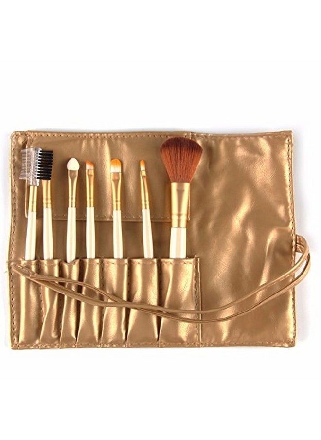 NESA 7 Pcs Make Brush Kit with Sleek Pouch + Makeup Sponge (Gold)