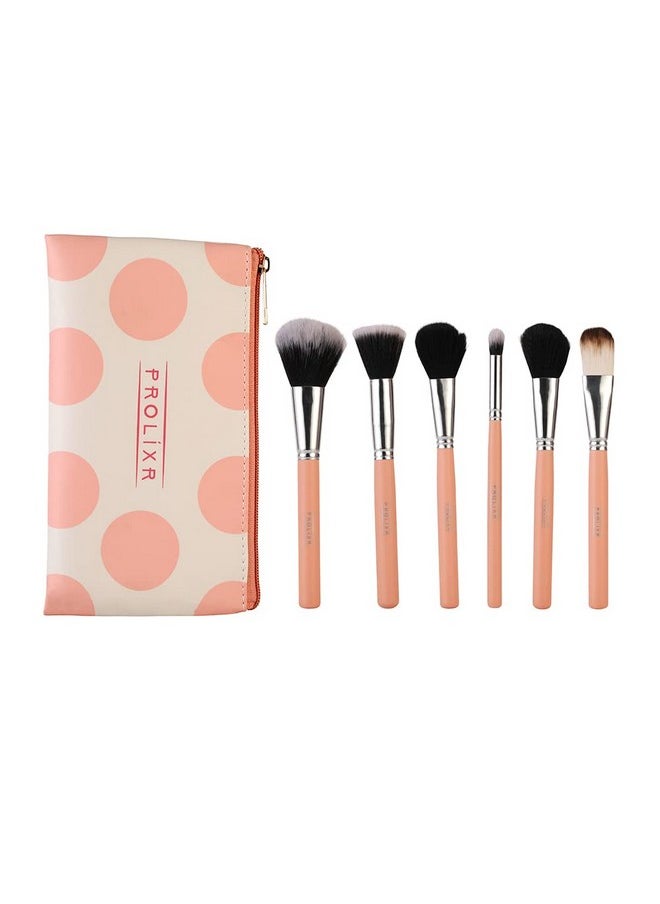 Prolixr Professional Face Makeup Brush Set - With Prolixr's Pink Pouch - For Foundation, Contour, Blush, Concealer - Synthetic Makeup Brushes - Vegan & Cruelty Free - 6 Pieces