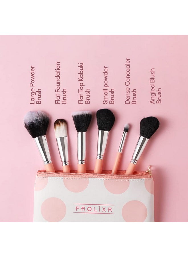 Prolixr Professional Face Makeup Brush Set - With Prolixr's Pink Pouch - For Foundation, Contour, Blush, Concealer - Synthetic Makeup Brushes - Vegan & Cruelty Free - 6 Pieces