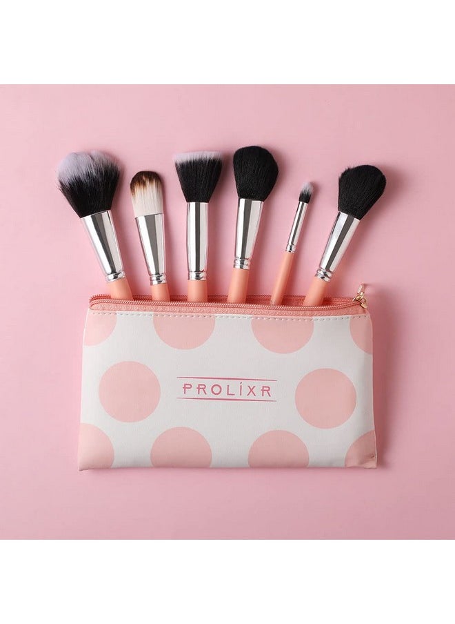 Prolixr Professional Face Makeup Brush Set - With Prolixr's Pink Pouch - For Foundation, Contour, Blush, Concealer - Synthetic Makeup Brushes - Vegan & Cruelty Free - 6 Pieces