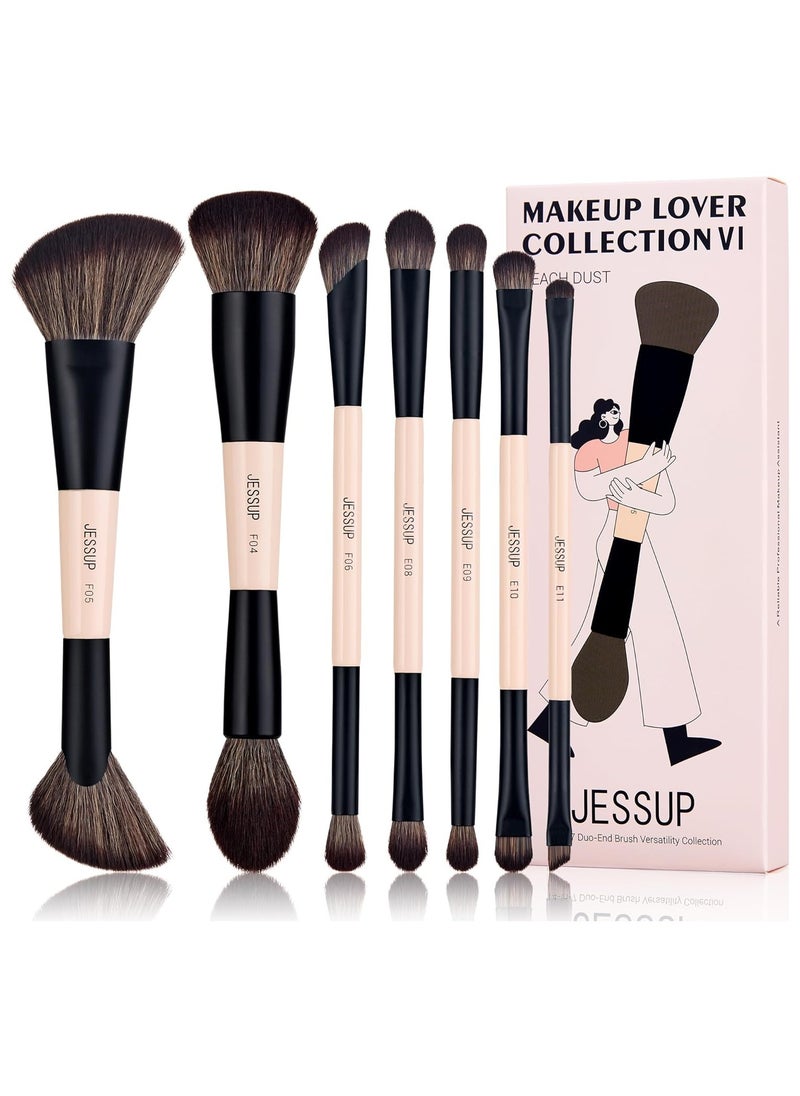 Jessup Makeup Brushes Set 14-in-7 Double Sided Makeup Brushes for Foundation Concealer Blush Eyeshadow Contour Bronzer Powder Blending Eyebrow Eyeliner, Cruelty-Free Make up Brushes Peach Dust T600