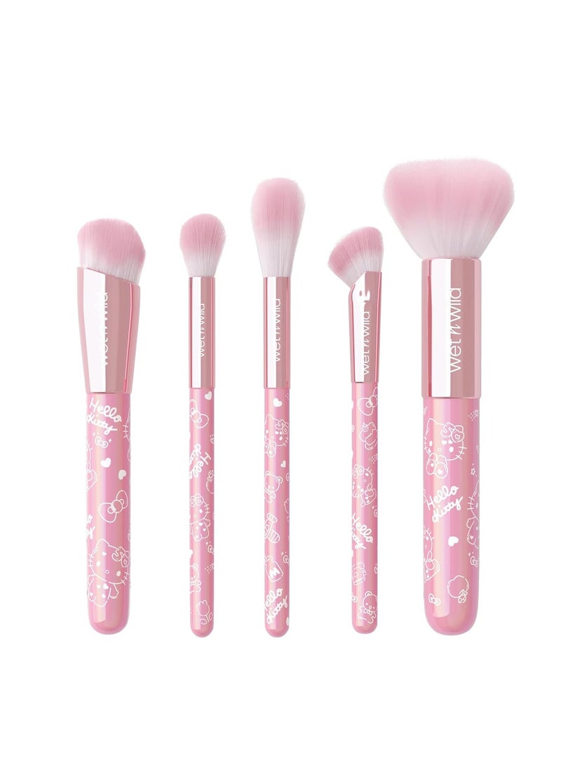 Hello Kitty 5-Piece Makeup Brush Set, Buildable & Blendable Multifunctional Seamless Application, Cruelty-Free & Vegan Feathery Soft Bristles Multicolor