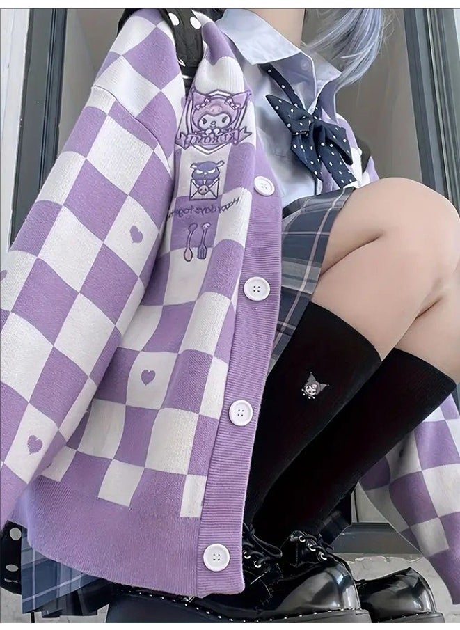 Kawaii Sweater Anime Plaid Cardigan Sweaters Cardigan for Women Cosplay Costume V Neck Long Sleeve(Free size)