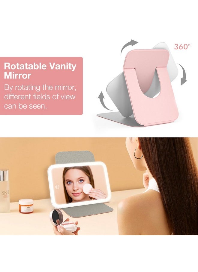 Kintion Travel Makeup Mirror, Portable LED Lighted Makeup Mirror, 360° Rotation Touch Screen Vanity Mirror, 60 LEDs, 3-Color Dimmable Lighting, Rechargeable Tabletop Folding Cosmetic Mirror (Pink)