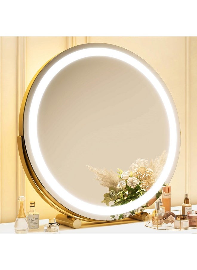 ROLOVE Gold Vanity Mirror, 18 Inch Makeup Mirror with Lights, Large Lighted Vanity Mirror, Light Up Mirror with Smart Touch 3 Colors Dimmable, Tabletop Mirror, 360° Rotation