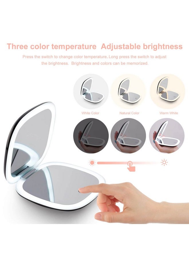 Compact LED Magnifying Travel Makeup-Mirror - 4 inches 1X/10X Magnification Small Hand Pocket Dimmable Double Sided USB Rechargeable Touch Screen, Portable Tabletop Cosmetic (Black)