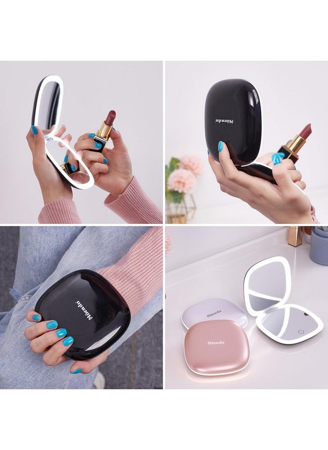Compact LED Magnifying Travel Makeup-Mirror - 4 inches 1X/10X Magnification Small Hand Pocket Dimmable Double Sided USB Rechargeable Touch Screen, Portable Tabletop Cosmetic (Black)