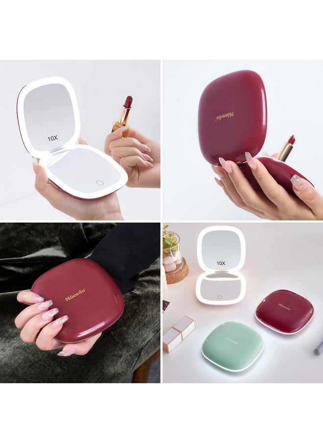 Mocado Compact LED Travel Makeup Mirror - 4 Inches 1X/10X Magnification Travel Mirror with Light Dimmable Double Sides Lighted USB Rechargeable Compact Mirror for Purse,Pocket,Travel(Wine Red)