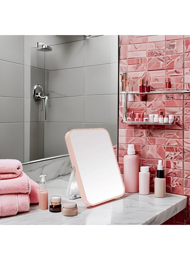 YEAKE Table Desk Vanity Makeup Mirror,8-Inch Portable Folding Mirror with Metal Stand 90°Adjustable Rotation Tavel Make Up Mirror Hanging Bathroom for Shower Shaving(Pink)