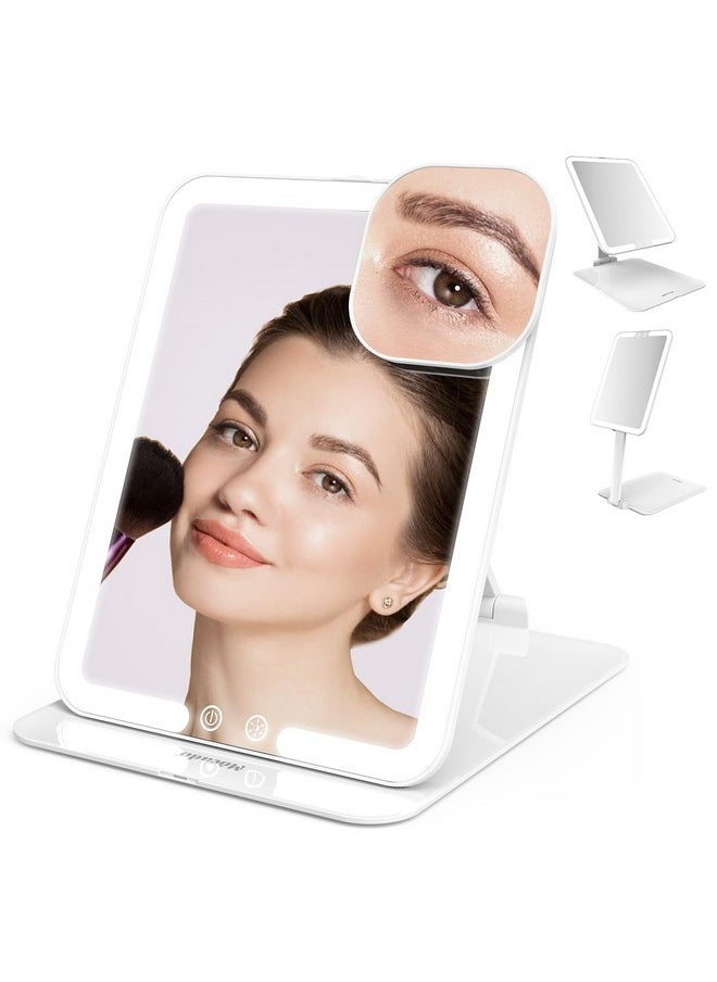 Mocado Travel Makeup Mirror with Light, Tripple Folding Vanity Mirror with Lights, 3 Colors Lighted Makeup Mirror, 1500mAh Rechargeable, Memory Function, Freely Adjust Height and Angle(White)