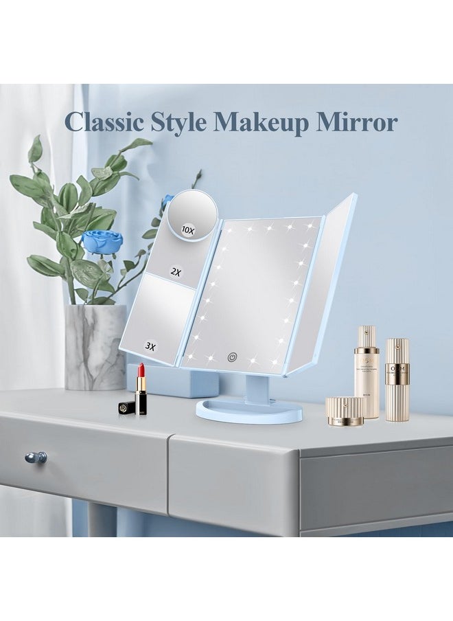 HUONUL Makeup Mirror Vanity with Lights, 2X 3X 10X Magnification, Lighted Mirror, Touch Control, Trifold Dual Power Supply, Portable LED Women Gift (Blue)