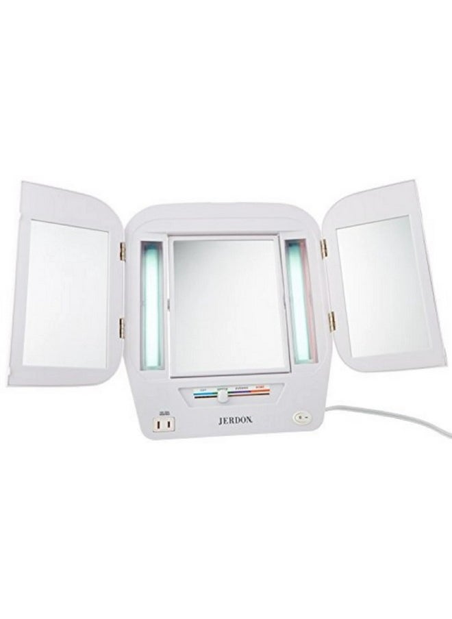 JERDON Modern Tri-Fold Makeup Mirror with Lights - Vanity Mirror with 5X Magnification & Multiple Light Settings - White Base - Model JGL10W